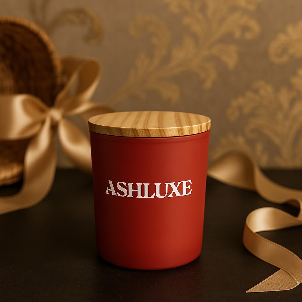 Red ASHLUXE candle styled with gold ribbon